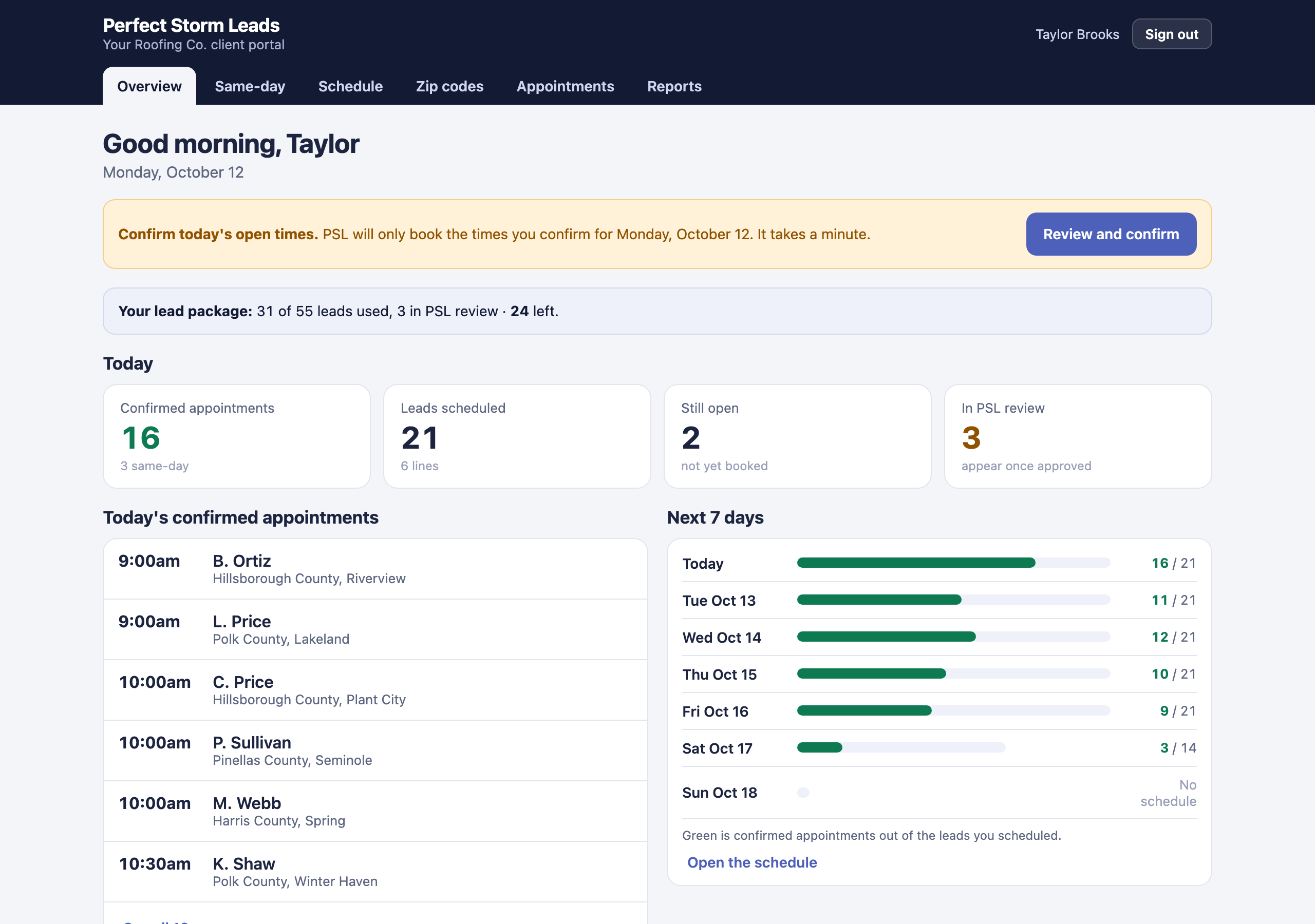 The Perfect Storm Leads client portal showing today's confirmed appointments